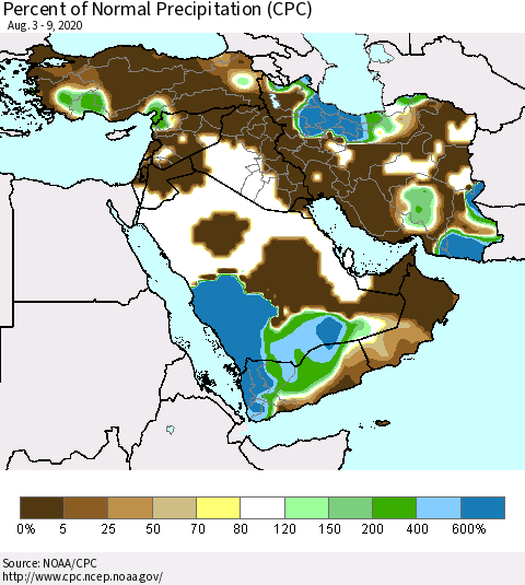 Middle East and Turkey Percent of Normal Precipitation (CPC) Thematic Map For 8/3/2020 - 8/9/2020