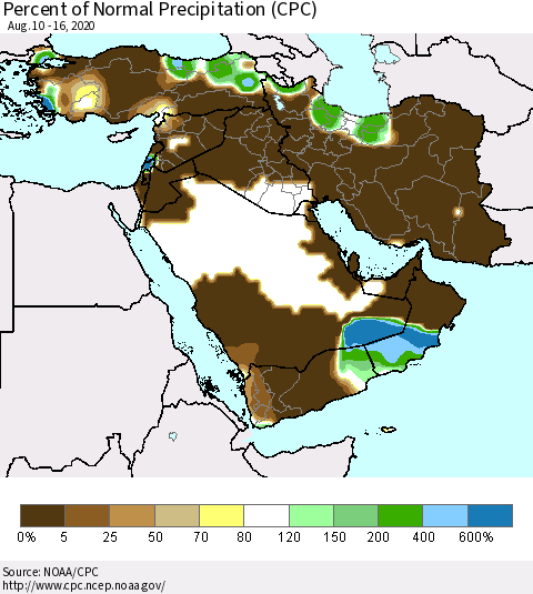 Middle East and Turkey Percent of Normal Precipitation (CPC) Thematic Map For 8/10/2020 - 8/16/2020