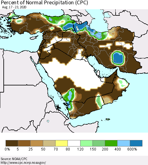 Middle East and Turkey Percent of Normal Precipitation (CPC) Thematic Map For 8/17/2020 - 8/23/2020