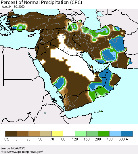 Middle East and Turkey Percent of Normal Precipitation (CPC) Thematic Map For 8/24/2020 - 8/30/2020