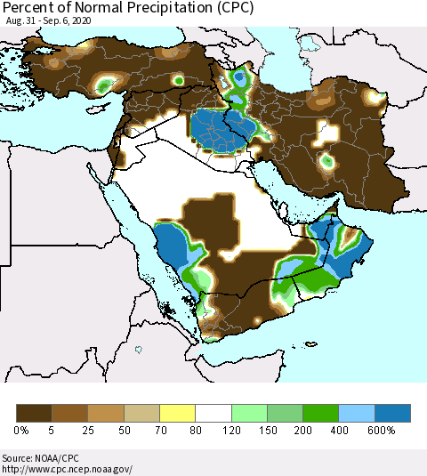 Middle East and Turkey Percent of Normal Precipitation (CPC) Thematic Map For 8/31/2020 - 9/6/2020
