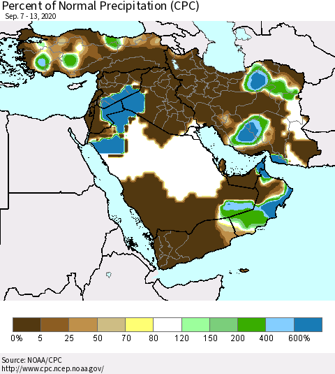 Middle East and Turkey Percent of Normal Precipitation (CPC) Thematic Map For 9/7/2020 - 9/13/2020