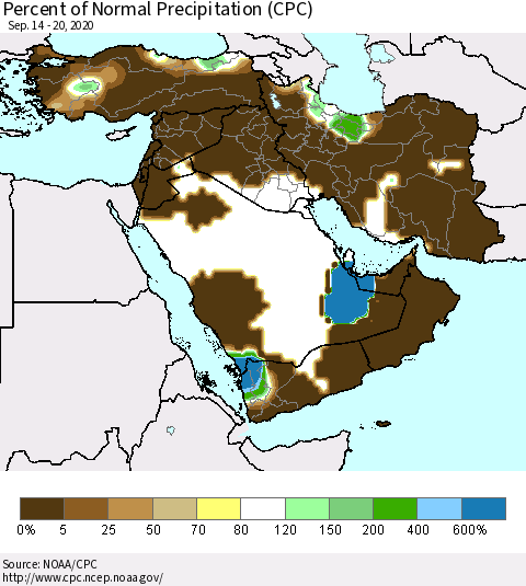 Middle East and Turkey Percent of Normal Precipitation (CPC) Thematic Map For 9/14/2020 - 9/20/2020