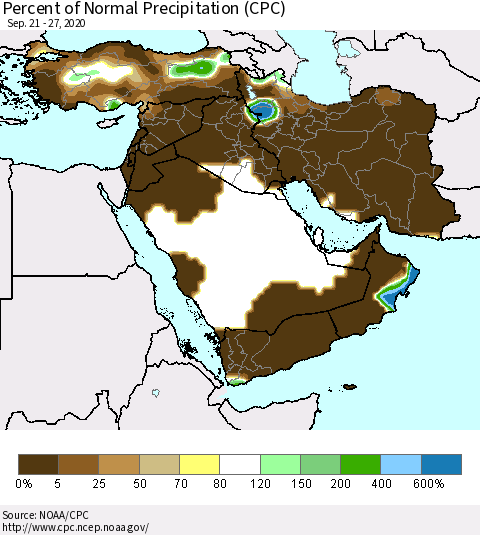 Middle East and Turkey Percent of Normal Precipitation (CPC) Thematic Map For 9/21/2020 - 9/27/2020