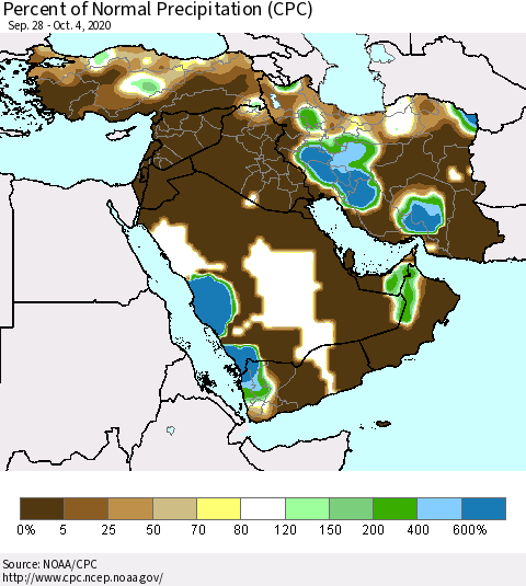 Middle East and Turkey Percent of Normal Precipitation (CPC) Thematic Map For 9/28/2020 - 10/4/2020