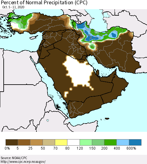 Middle East and Turkey Percent of Normal Precipitation (CPC) Thematic Map For 10/5/2020 - 10/11/2020