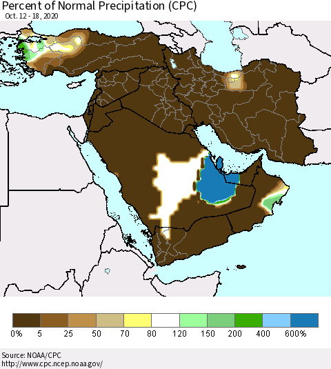 Middle East and Turkey Percent of Normal Precipitation (CPC) Thematic Map For 10/12/2020 - 10/18/2020