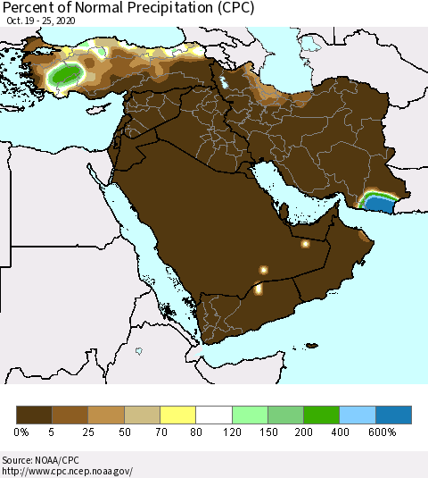 Middle East and Turkey Percent of Normal Precipitation (CPC) Thematic Map For 10/19/2020 - 10/25/2020
