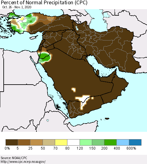 Middle East and Turkey Percent of Normal Precipitation (CPC) Thematic Map For 10/26/2020 - 11/1/2020