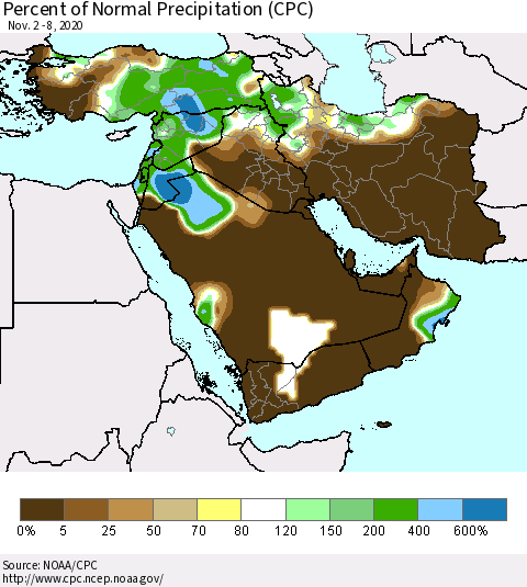 Middle East and Turkey Percent of Normal Precipitation (CPC) Thematic Map For 11/2/2020 - 11/8/2020
