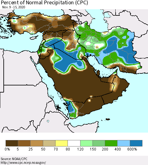 Middle East and Turkey Percent of Normal Precipitation (CPC) Thematic Map For 11/9/2020 - 11/15/2020