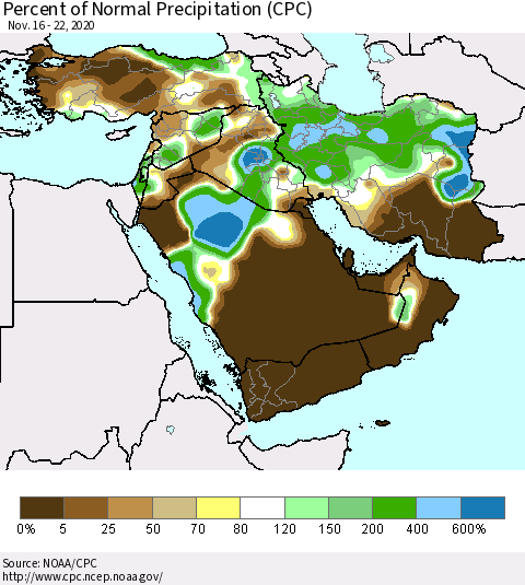 Middle East and Turkey Percent of Normal Precipitation (CPC) Thematic Map For 11/16/2020 - 11/22/2020