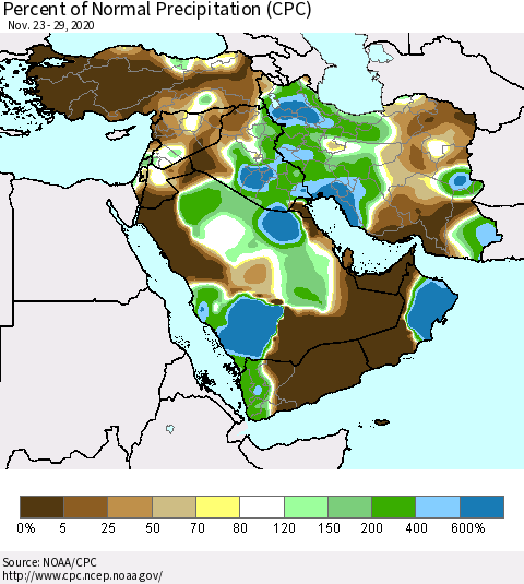 Middle East and Turkey Percent of Normal Precipitation (CPC) Thematic Map For 11/23/2020 - 11/29/2020