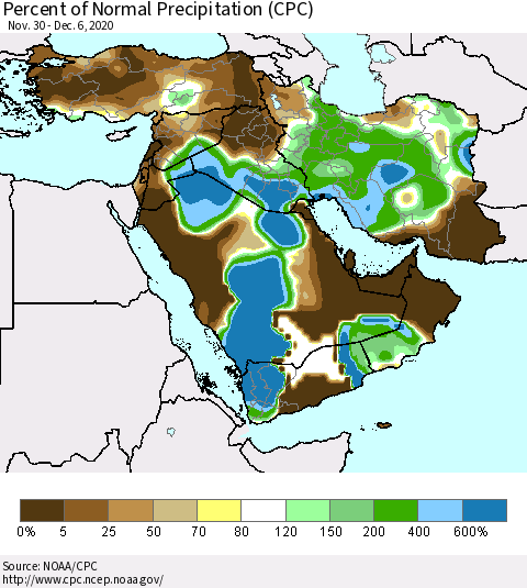 Middle East and Turkey Percent of Normal Precipitation (CPC) Thematic Map For 11/30/2020 - 12/6/2020