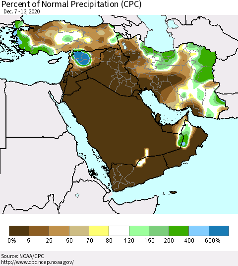 Middle East and Turkey Percent of Normal Precipitation (CPC) Thematic Map For 12/7/2020 - 12/13/2020