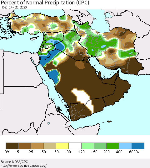 Middle East and Turkey Percent of Normal Precipitation (CPC) Thematic Map For 12/14/2020 - 12/20/2020