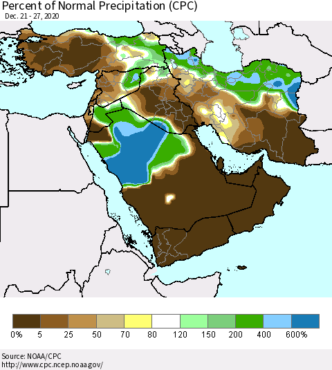 Middle East and Turkey Percent of Normal Precipitation (CPC) Thematic Map For 12/21/2020 - 12/27/2020