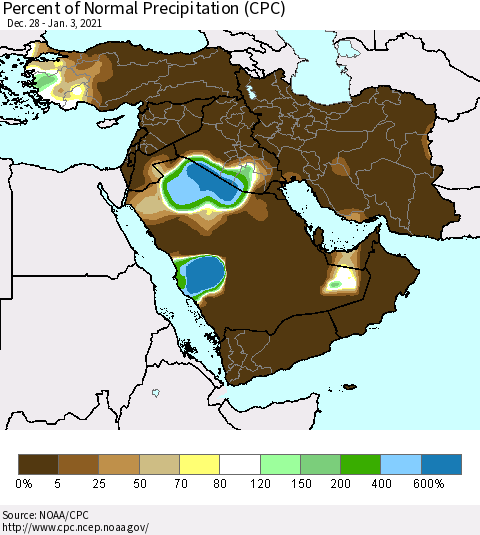 Middle East and Turkey Percent of Normal Precipitation (CPC) Thematic Map For 12/28/2020 - 1/3/2021