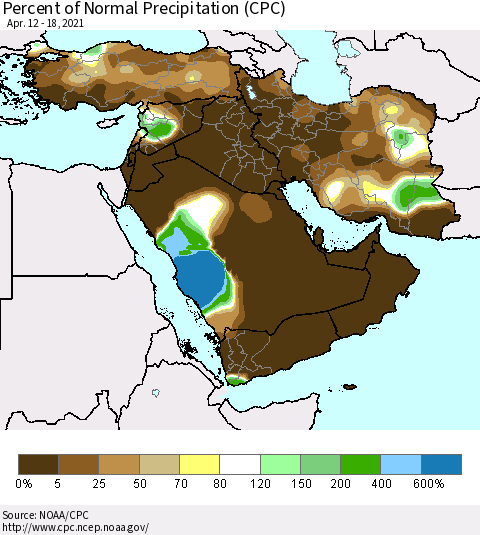 Middle East and Turkey Percent of Normal Precipitation (CPC) Thematic Map For 4/12/2021 - 4/18/2021