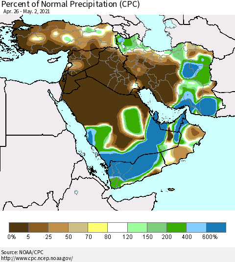 Middle East and Turkey Percent of Normal Precipitation (CPC) Thematic Map For 4/26/2021 - 5/2/2021