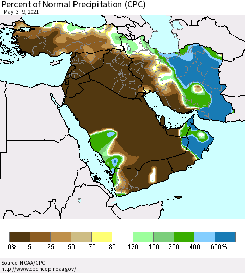 Middle East and Turkey Percent of Normal Precipitation (CPC) Thematic Map For 5/3/2021 - 5/9/2021