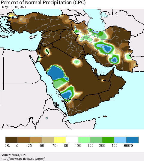 Middle East and Turkey Percent of Normal Precipitation (CPC) Thematic Map For 5/10/2021 - 5/16/2021