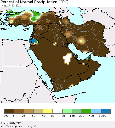 Middle East and Turkey Percent of Normal Precipitation (CPC) Thematic Map For 5/17/2021 - 5/23/2021