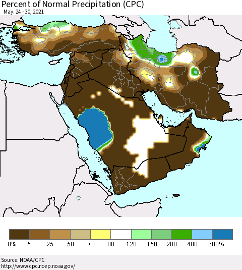 Middle East and Turkey Percent of Normal Precipitation (CPC) Thematic Map For 5/24/2021 - 5/30/2021