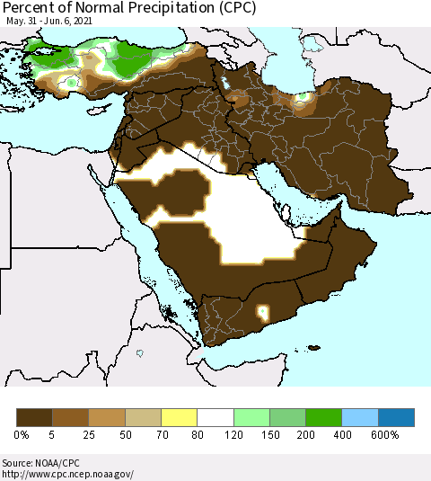 Middle East and Turkey Percent of Normal Precipitation (CPC) Thematic Map For 5/31/2021 - 6/6/2021