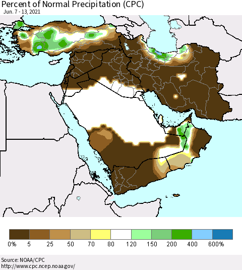 Middle East and Turkey Percent of Normal Precipitation (CPC) Thematic Map For 6/7/2021 - 6/13/2021