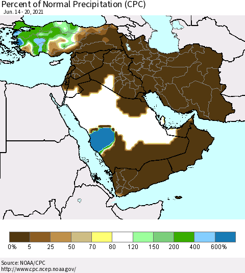 Middle East and Turkey Percent of Normal Precipitation (CPC) Thematic Map For 6/14/2021 - 6/20/2021