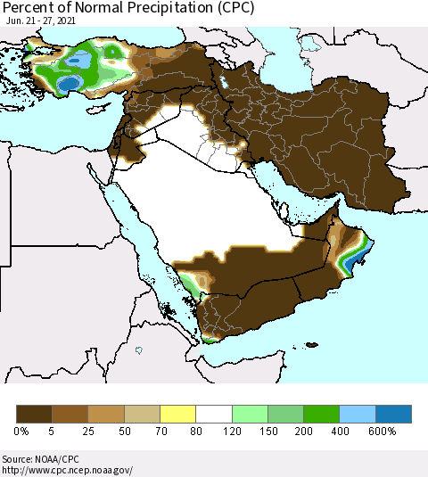 Middle East and Turkey Percent of Normal Precipitation (CPC) Thematic Map For 6/21/2021 - 6/27/2021