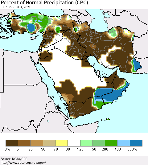 Middle East and Turkey Percent of Normal Precipitation (CPC) Thematic Map For 6/28/2021 - 7/4/2021