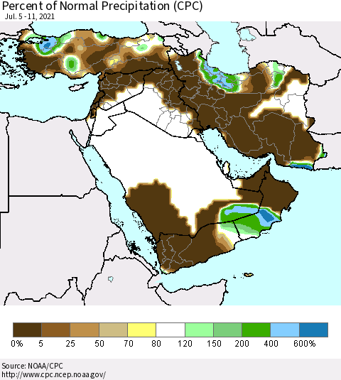 Middle East and Turkey Percent of Normal Precipitation (CPC) Thematic Map For 7/5/2021 - 7/11/2021