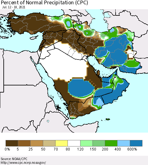 Middle East and Turkey Percent of Normal Precipitation (CPC) Thematic Map For 7/12/2021 - 7/18/2021