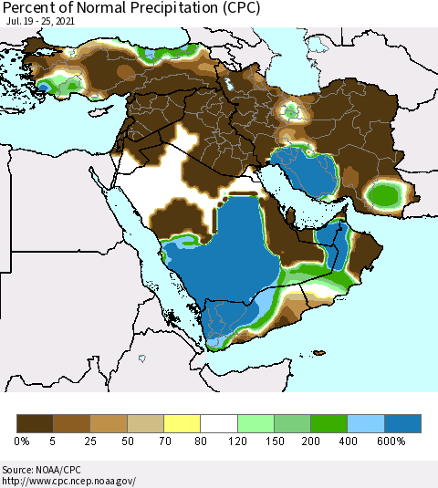 Middle East and Turkey Percent of Normal Precipitation (CPC) Thematic Map For 7/19/2021 - 7/25/2021