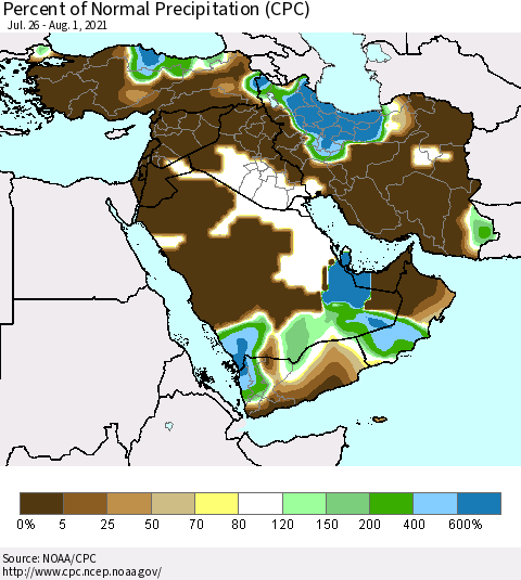 Middle East and Turkey Percent of Normal Precipitation (CPC) Thematic Map For 7/26/2021 - 8/1/2021