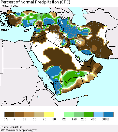 Middle East and Turkey Percent of Normal Precipitation (CPC) Thematic Map For 8/2/2021 - 8/8/2021