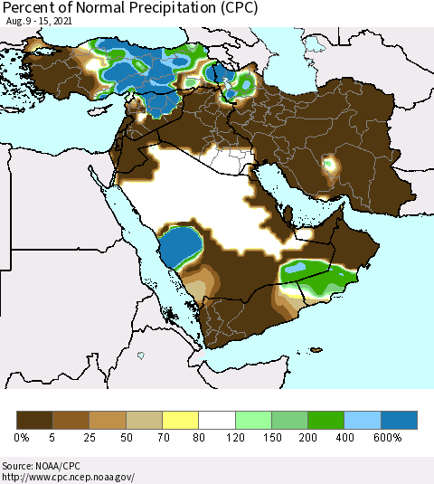 Middle East and Turkey Percent of Normal Precipitation (CPC) Thematic Map For 8/9/2021 - 8/15/2021