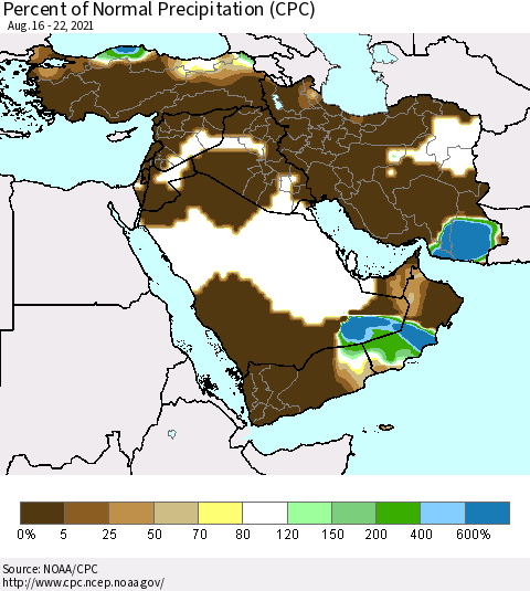 Middle East and Turkey Percent of Normal Precipitation (CPC) Thematic Map For 8/16/2021 - 8/22/2021