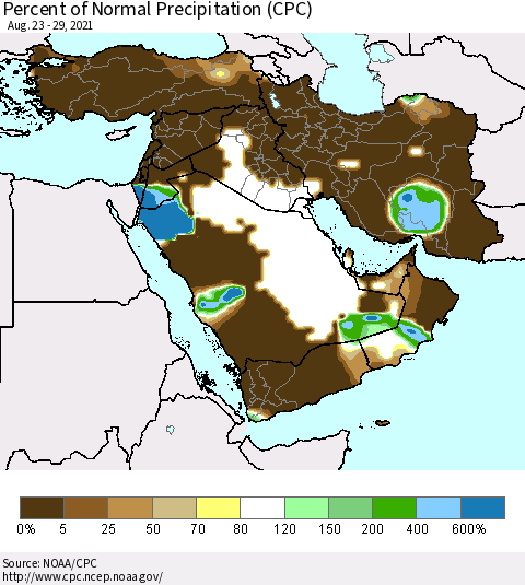 Middle East and Turkey Percent of Normal Precipitation (CPC) Thematic Map For 8/23/2021 - 8/29/2021