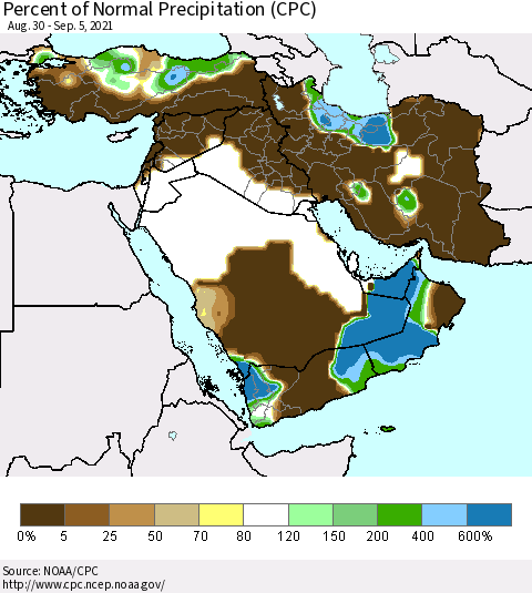 Middle East and Turkey Percent of Normal Precipitation (CPC) Thematic Map For 8/30/2021 - 9/5/2021