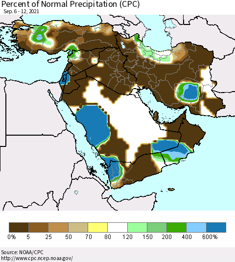 Middle East and Turkey Percent of Normal Precipitation (CPC) Thematic Map For 9/6/2021 - 9/12/2021