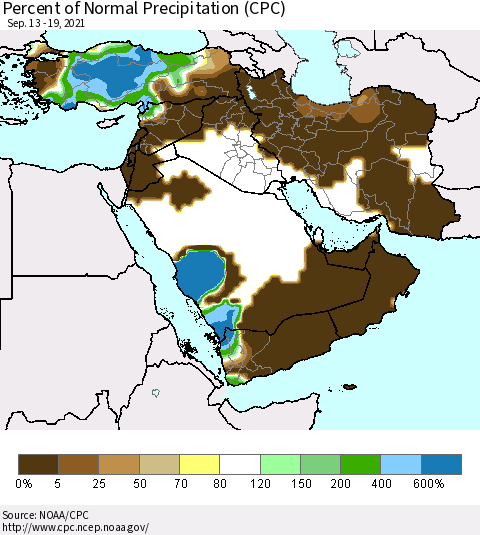 Middle East and Turkey Percent of Normal Precipitation (CPC) Thematic Map For 9/13/2021 - 9/19/2021