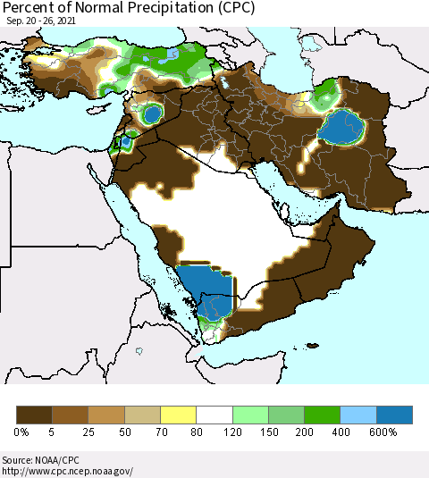Middle East and Turkey Percent of Normal Precipitation (CPC) Thematic Map For 9/20/2021 - 9/26/2021