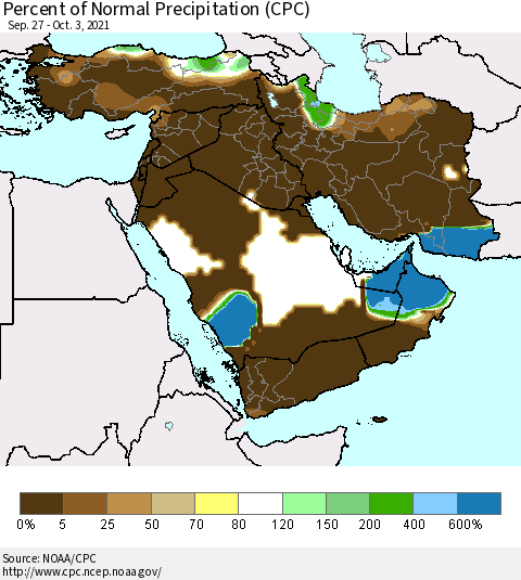 Middle East and Turkey Percent of Normal Precipitation (CPC) Thematic Map For 9/27/2021 - 10/3/2021
