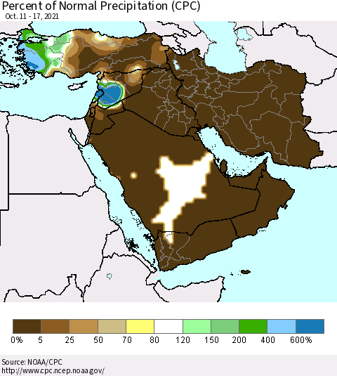 Middle East and Turkey Percent of Normal Precipitation (CPC) Thematic Map For 10/11/2021 - 10/17/2021