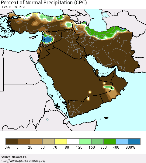 Middle East and Turkey Percent of Normal Precipitation (CPC) Thematic Map For 10/18/2021 - 10/24/2021