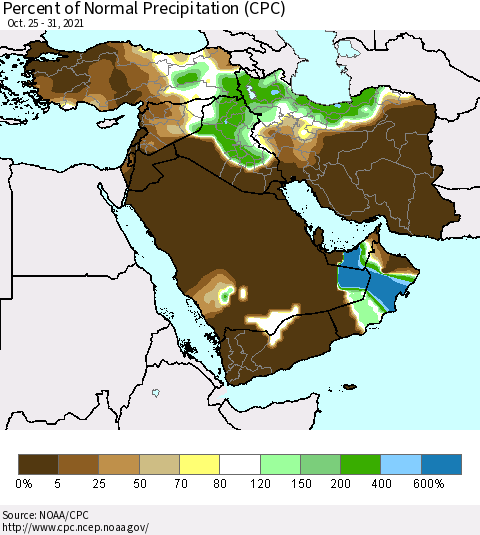 Middle East and Turkey Percent of Normal Precipitation (CPC) Thematic Map For 10/25/2021 - 10/31/2021