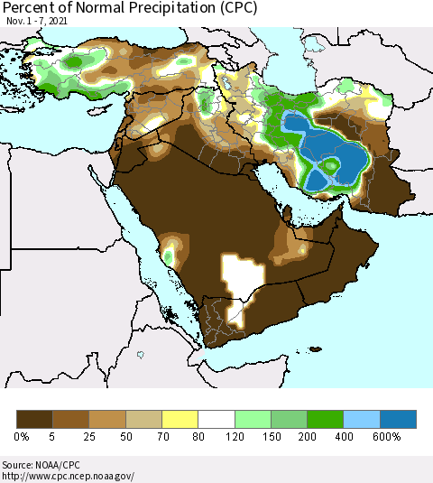 Middle East and Turkey Percent of Normal Precipitation (CPC) Thematic Map For 11/1/2021 - 11/7/2021
